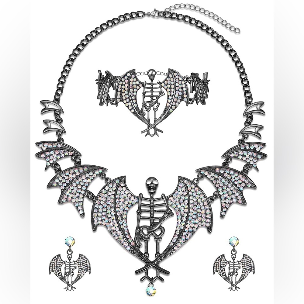 Gothic Skeleton Wing Necklace and Earring Set